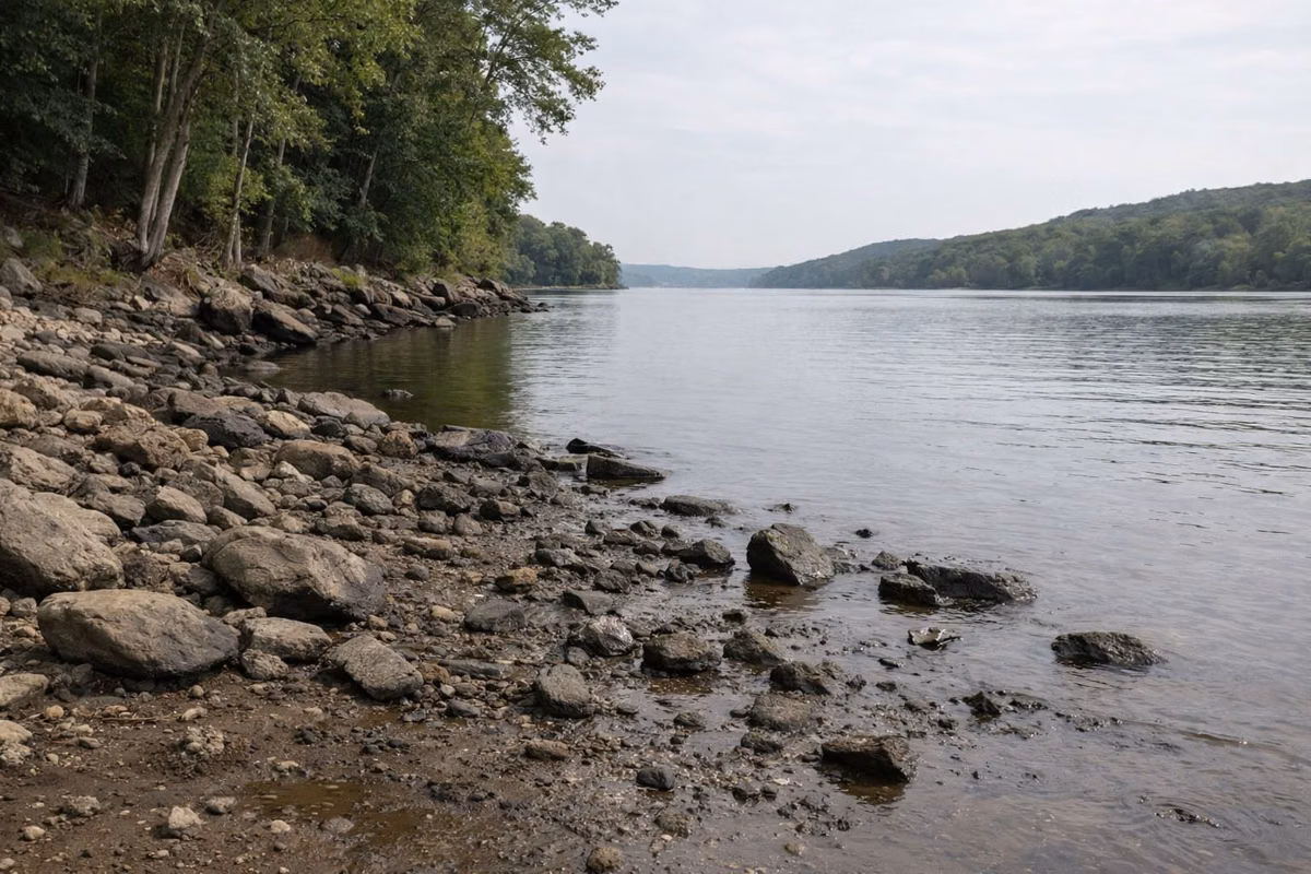 Rocky river shore at low tide below a wooded bank, calm water beyond