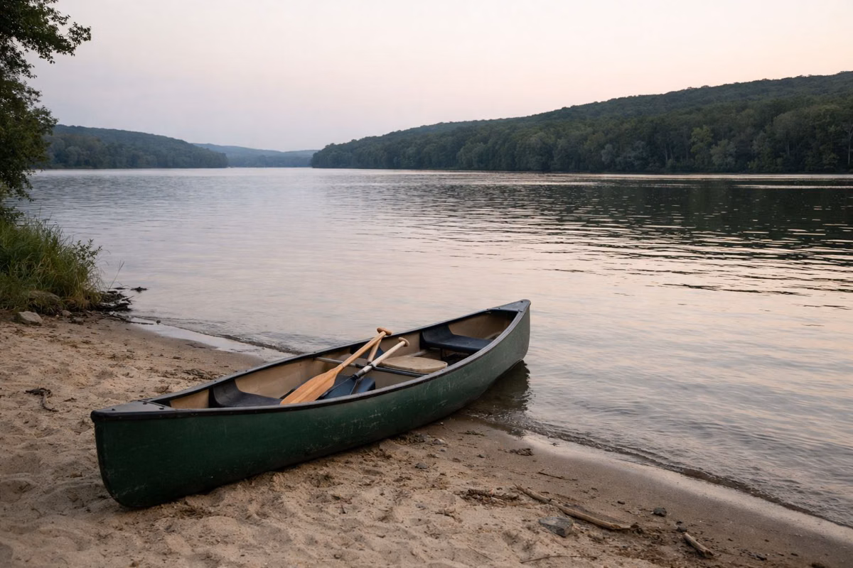 Green canoe pulled up on a sandy river bank at dusk