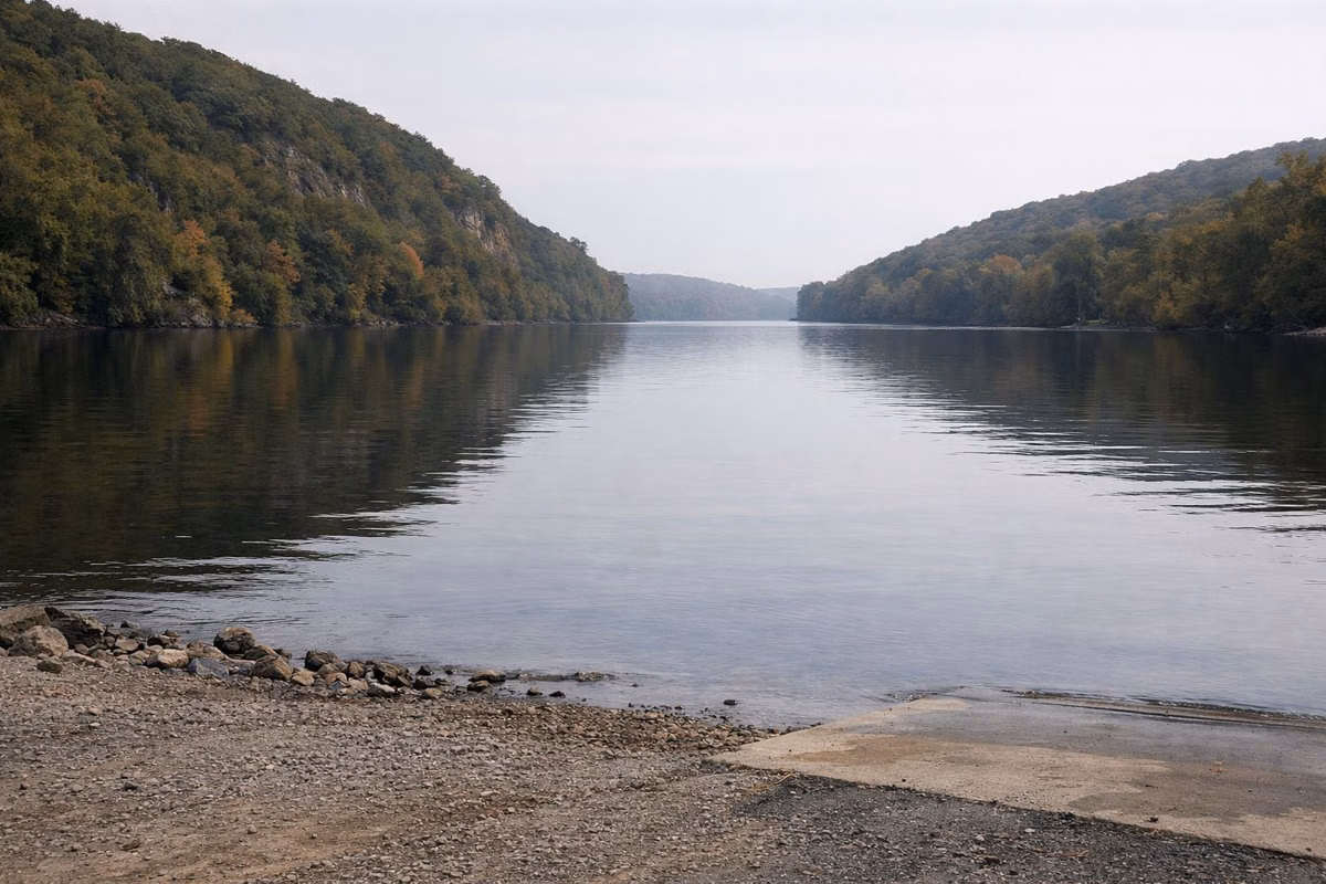 A wide calm river between steep wooded banks, seen from a gravel landing