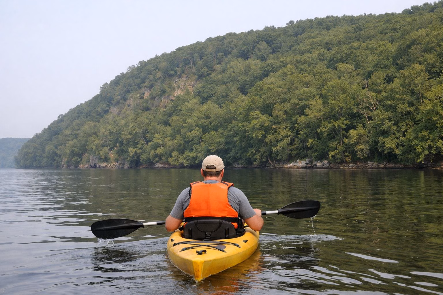 Kayaker in a life jacket paddling a wide calm river below a wooded hillside