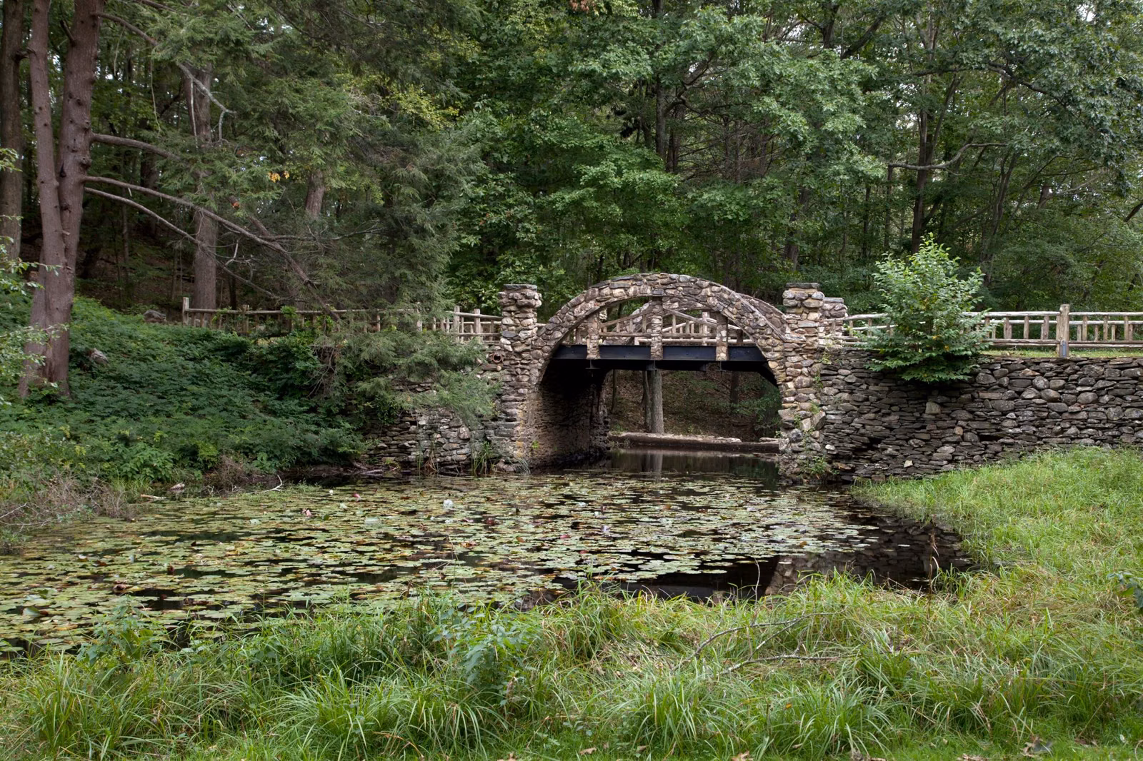 Stone arch bridge across a lily pond with a grassy bank